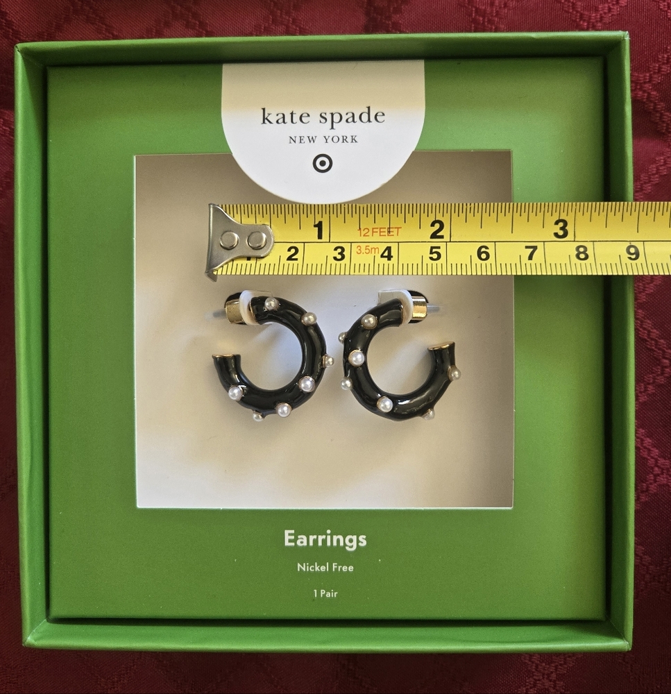 🖤 NIB Kate Spade / Black & White Pearl Polka Dot Hoop Earrings - Picture 3 of 5